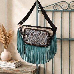 Myra Bag Turquoise emboss Fanny Waist Sling Pack Fringe Cowhide Genuine Leather